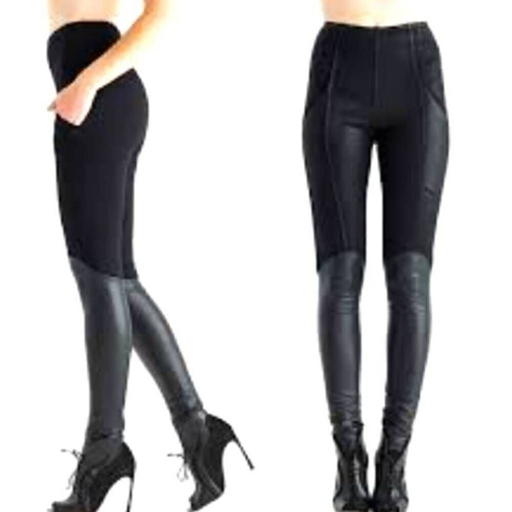 Minxx HI Rise Black Leggings Faux Leather Shins Size Small